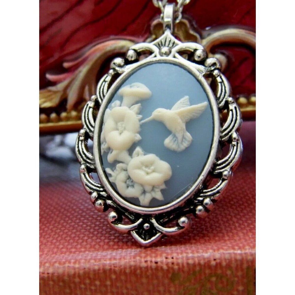 Valentines Mom Wife Gift Blue Hummingbird Necklace Pendant Cameo Wedding 22$